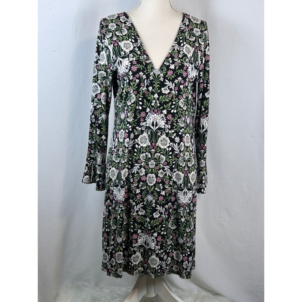 J. Jill Wearever Dress Womens M Petite Black Floral V-Neck Bell Sleeve Excellent